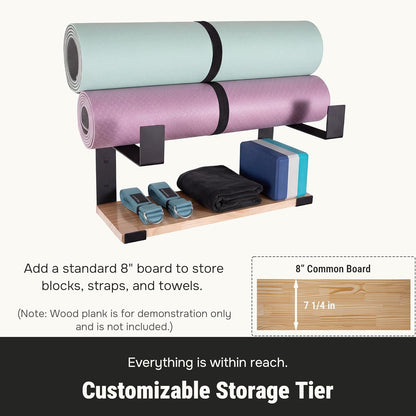 Yoga Mat Holder with Protective Padding Wall Mount Steel Storage Rack, 2 Tier Adjustable Width Hanger for up to 4 Foam Rollers, Easy Installation