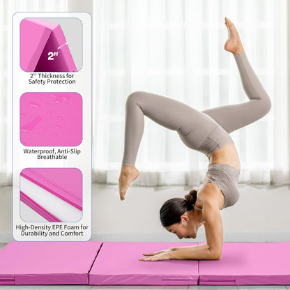 Outdoor Basic 6'x3'x2'' Gymnastics Mats Portable 4-Fold Tumbling Mat Thick Yoga Mat with PU Leather & Carry Handle for Home Workout, Yoga, MMA Core Training, Pilates