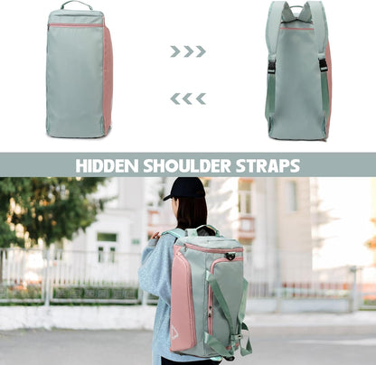 Eslcorri Gym Duffle Bag for Women Men, Sports Backpack with Wet & Shoe Compartment, Fitness Overnight Weekender Bag for Yoga, Swim, Travel (Style B, GreenPink)