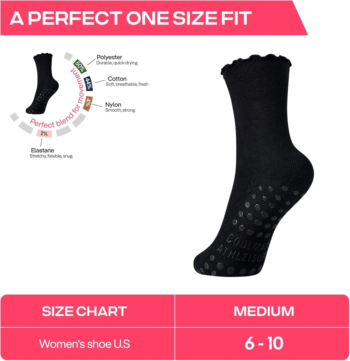 COOLMATE Pilates Socks with Grips for Women, Yoga Socks, Crew Non Slip Women for Barre, Pilates Gifts for Women - Colors B