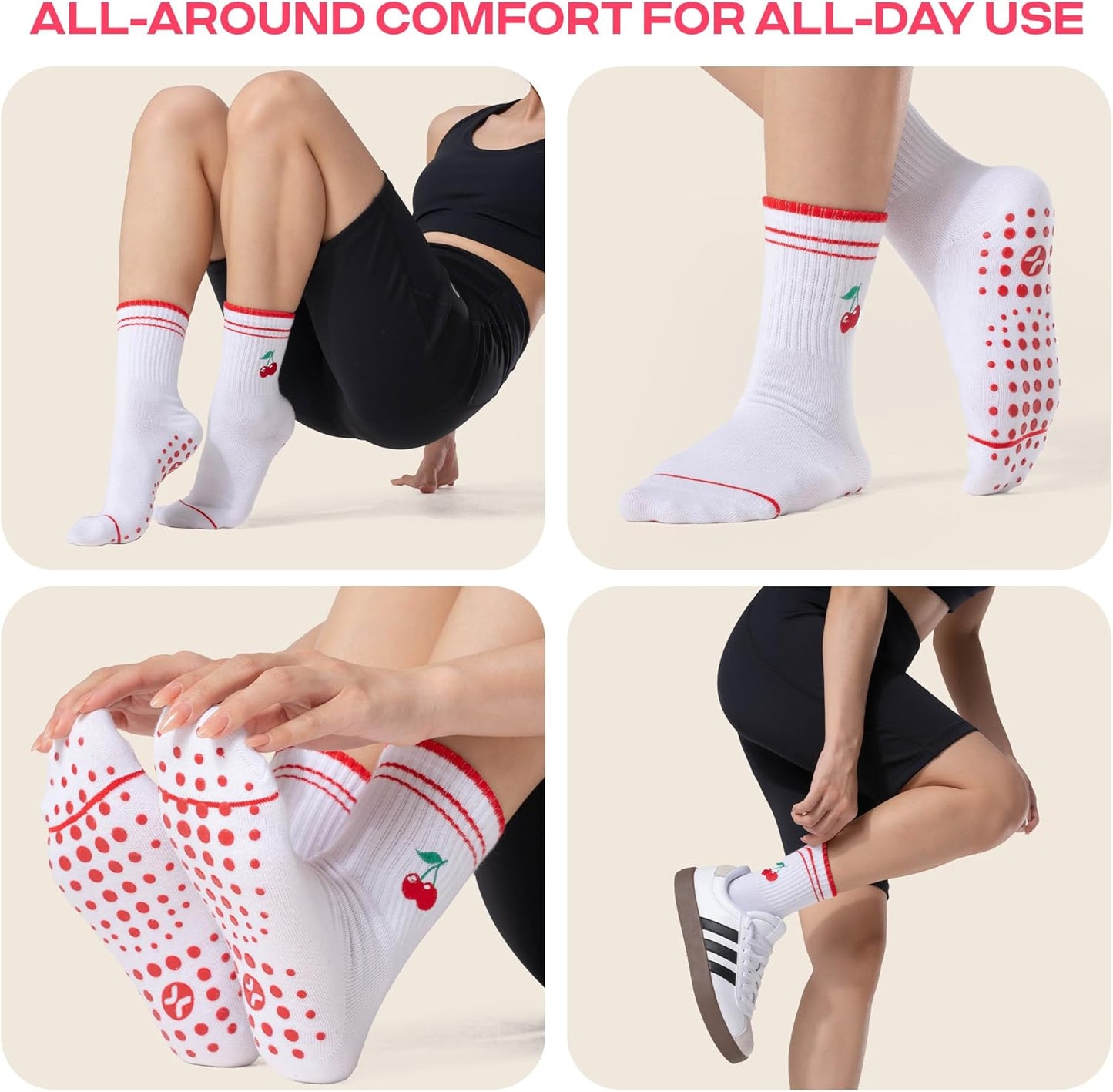 COOLMATE Pilates Socks with Grips for Women, Yoga Socks, Crew Non Slip Women for Barre, Pilates Gifts for Women - Colors A
