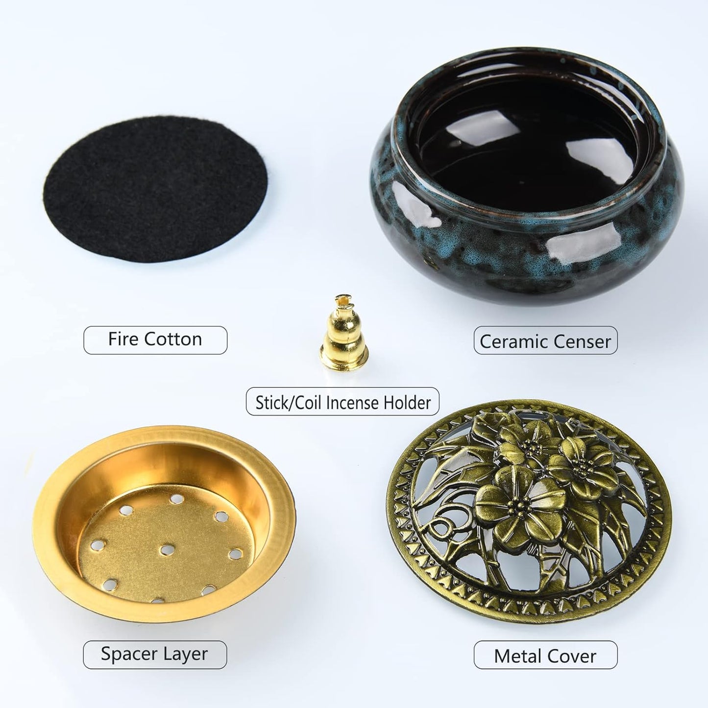 Ceramic Incense Burner with Incense Holder+ Fireproof Cotton,Handmade Smudging Burn Bowl for Stick or Coil Incense,Sage Cones,Frankincense and Mosquito Incense (Enamel)