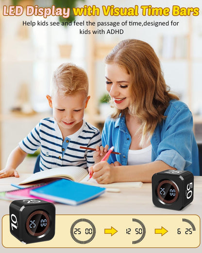 Digital Pomodoro Timer Cube 5/10/25/50min, Visual Productivity Flip Timer for Kids Classroom Desk, Custom Countdown, Silent and Sound Mode for ADHD Study Work Game Kitchen (Black)