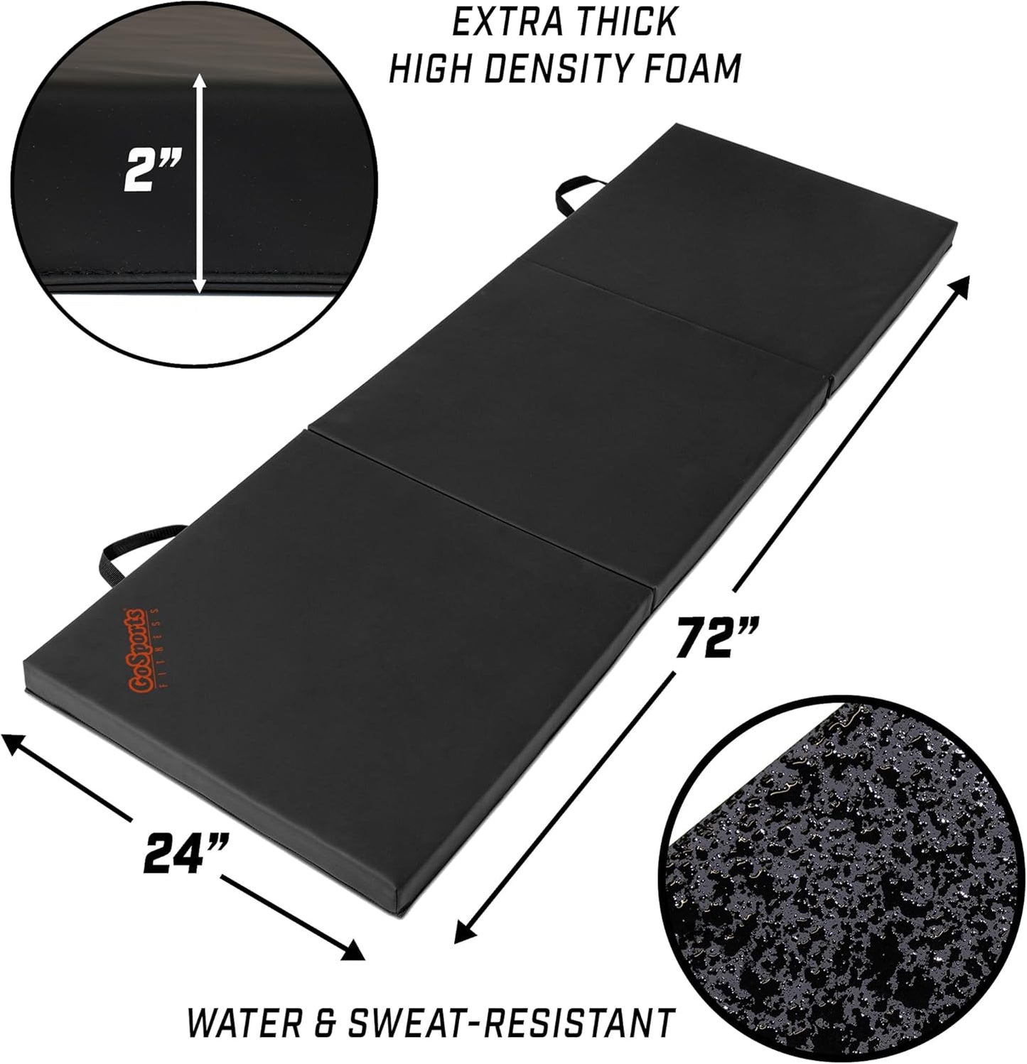 GoSports 2 inch Thick 6 ft x 2 ft Tri-Fold Exercise Fitness Mat - Great For Workouts, Yoga, Stretching