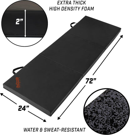 GoSports 2 inch Thick 6 ft x 2 ft Tri-Fold Exercise Fitness Mat - Great For Workouts, Yoga, Stretching