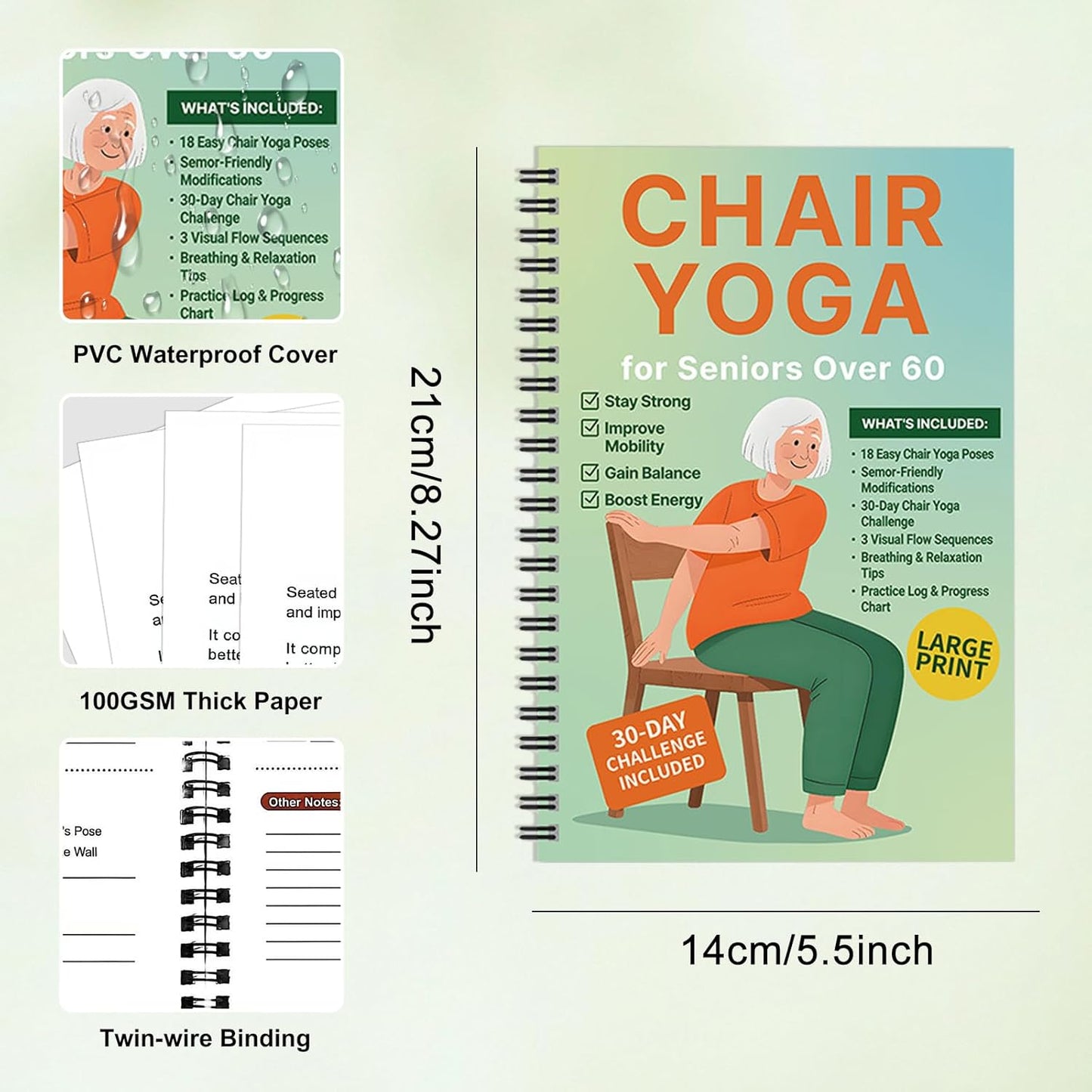 Chair Yoga for Seniors Over 60 Book & Chart – 30-Day Challenge, Gentle Seated Yoga Guide, Chair Yoga for Weight Loss & Flexibility, Senior Chair Exercises for Women & Men