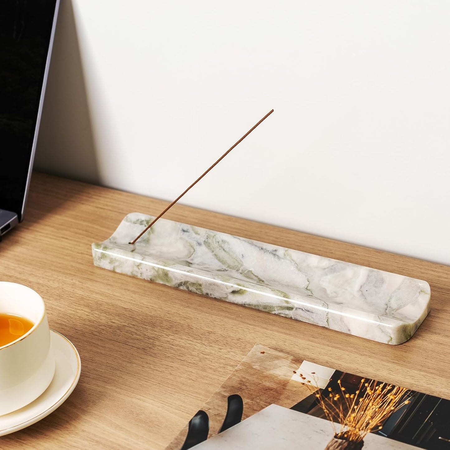 Koville Marble Incense Holder, Incense Holder for Sticks, Incense Sticks Holder Ash Catcher for Meditation Yoga SPA, Natural Stone Incense Burner, Home Table Decor (Green)