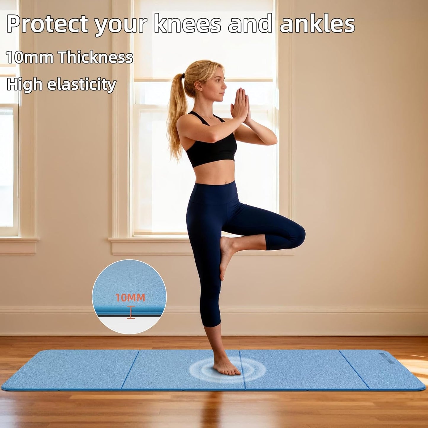 Foldable Yoga Mat Thick 10mm-WUWAN Extra Large Exercise Mat, TPE Material, Non-Slip Fitness Folding Mat Easy to Carry, Suitable for Home Workout Travel Pilates (75" x40",2/5") (Blue)