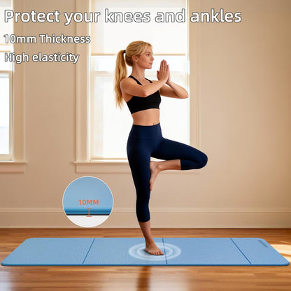 Foldable Yoga Mat Thick 10mm-WUWAN Extra Large Exercise Mat, TPE Material, Non-Slip Fitness Folding Mat Easy to Carry, Suitable for Home Workout Travel Pilates (75" x40",2/5") (Blue)