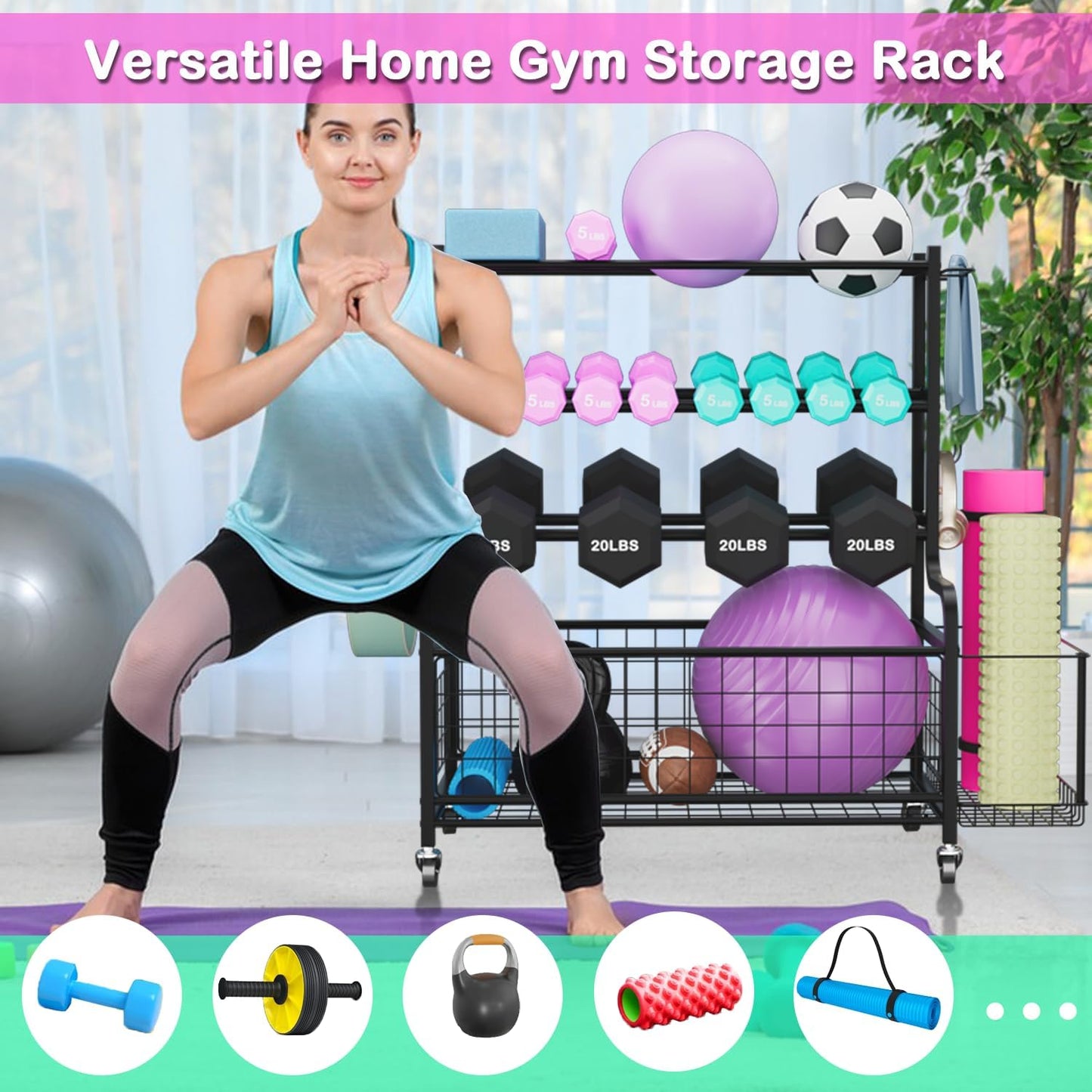 Dumbbell Rack - Weight Rack For Home Gym Storage Yoga Mat Weight Rack With Wheels And Hooks,Workout Equipment Storage Organizer For Yoga Equipments,For Dumbbell,Kettlebell,Yoga Block,Foam Roller
