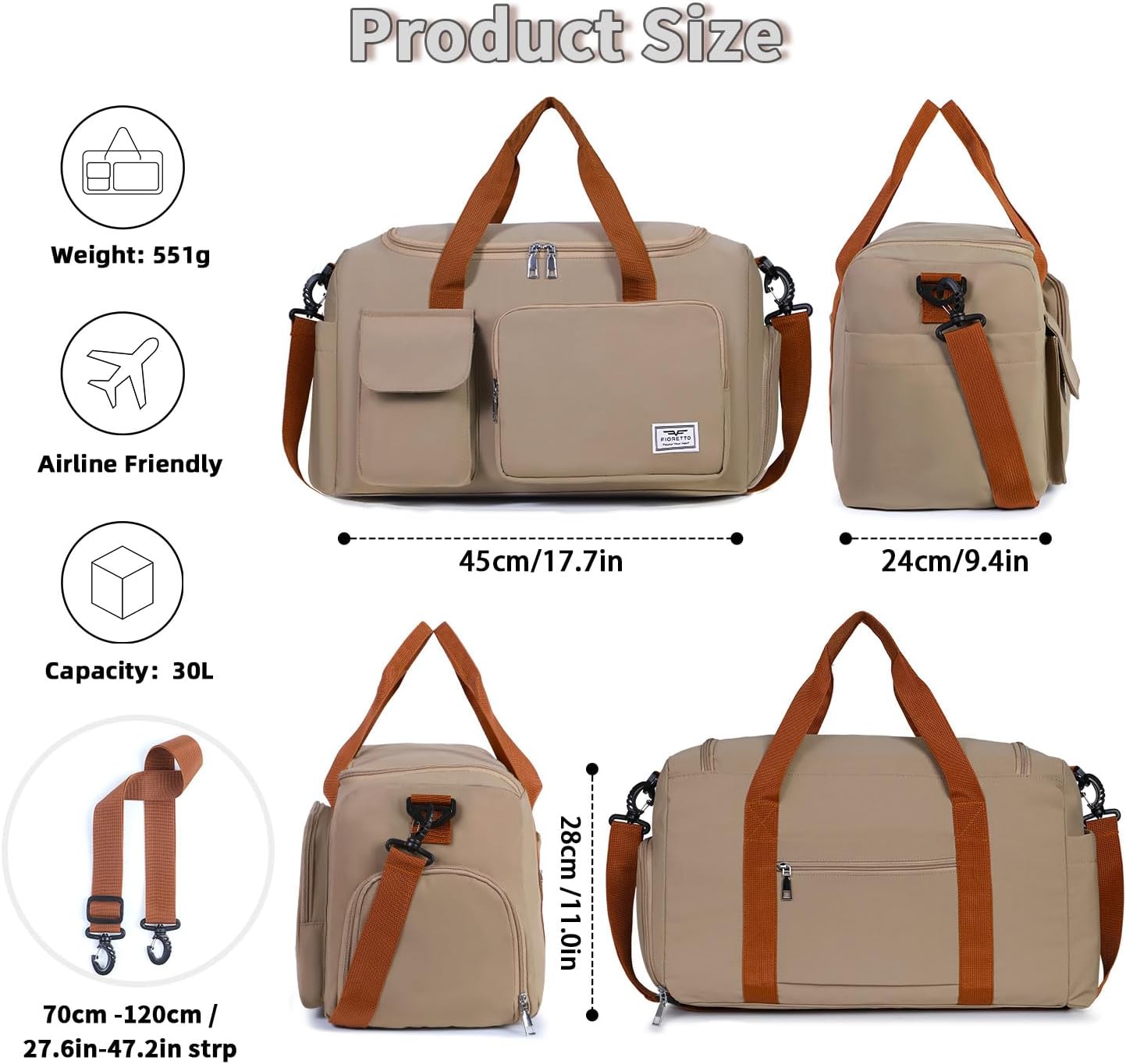 FIORETTO Women's Gym Duffle Bag with Shoes Compartment, 30L Capacity, Ideal for Travel, Gym, Sports, Duffel, Weekender