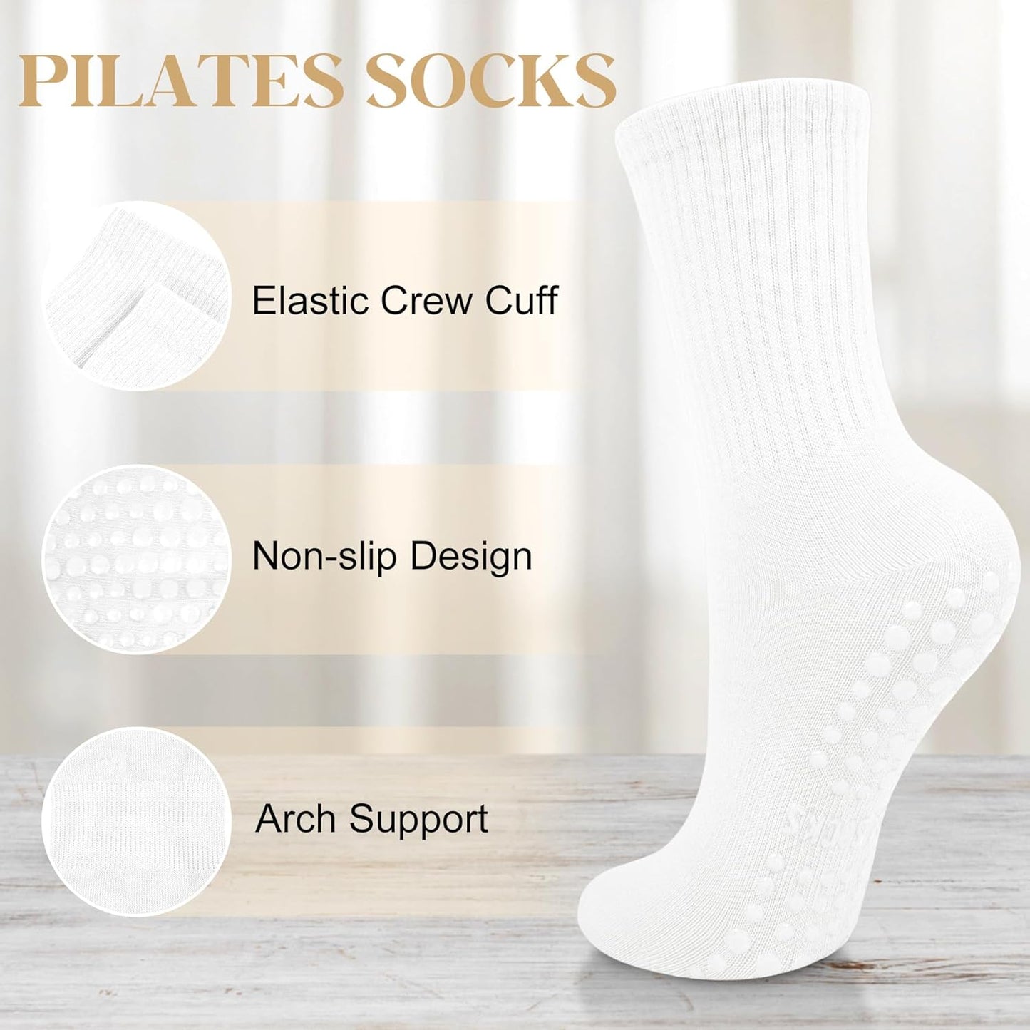 Justay 6 Pairs Pilates Socks with Grips for Women Soft Non Slip Crew Cotton Athletic Workout Barre Hospital Yoga Socks
