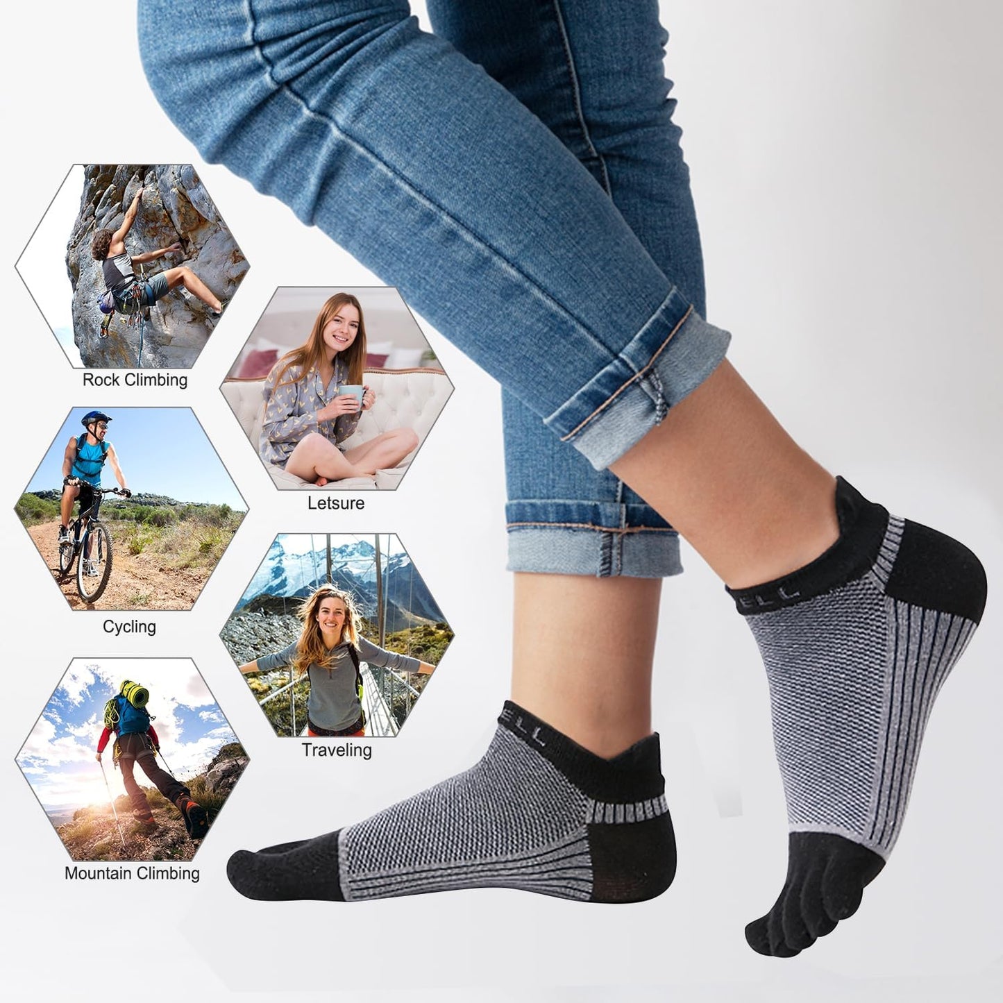 VWELL Cotton Toe Socks Five Finger Socks No Show Crew Athletic Running Socks 4 Pairs,Size 7-11