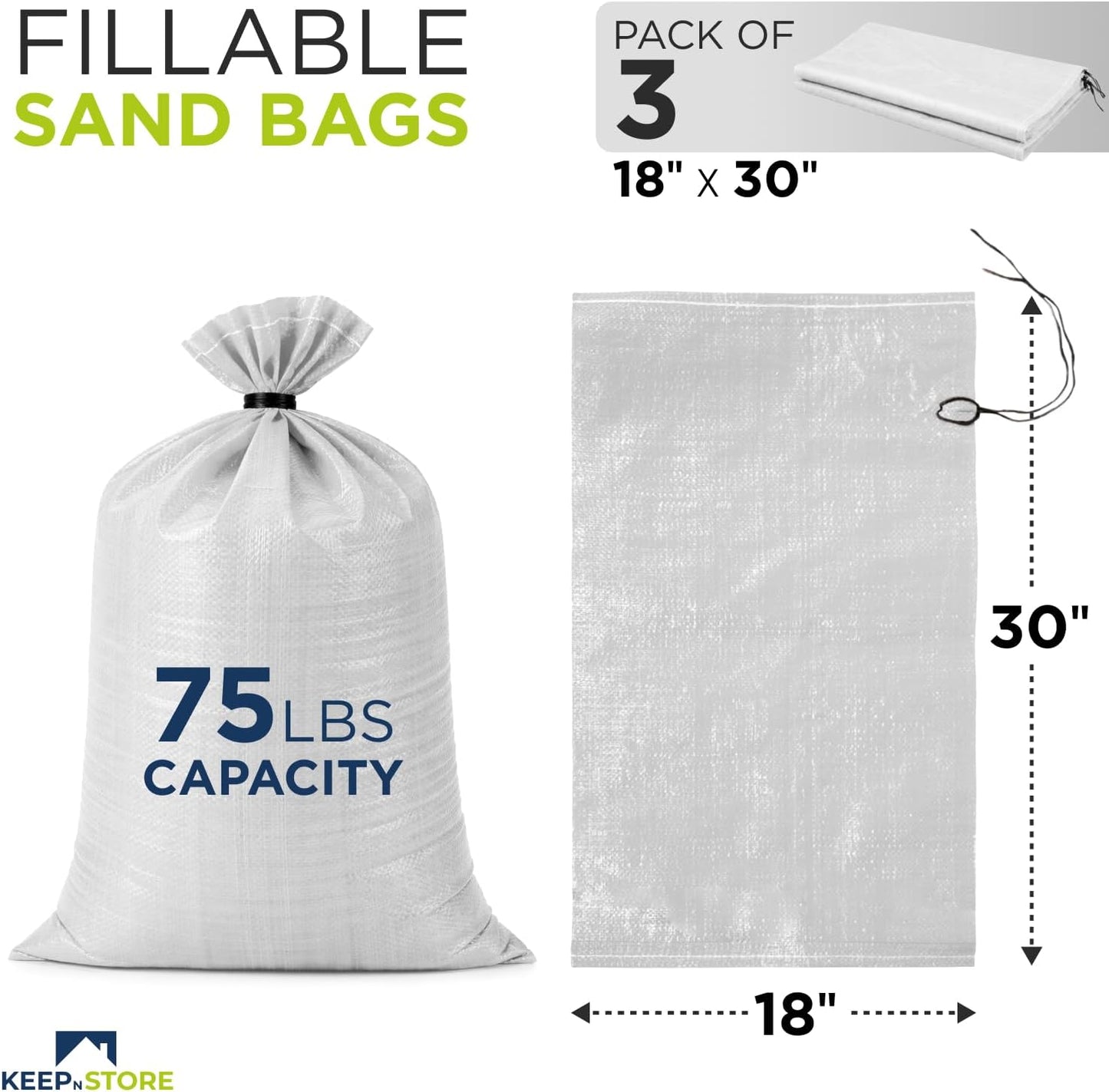 Heavy Duty Sand Bags Pack of 3, White Empty Sandbags with Built-In Ties, Woven Polypropylene UV Protection 1600 Hours, Fillable Sand Bags for Flood Control, Weight, 10x14 inches, 15 Pounds Volume