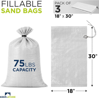Heavy Duty Sand Bags Pack of 3, White Empty Sandbags with Built-In Ties, Woven Polypropylene UV Protection 1600 Hours, Fillable Sand Bags for Flood Control, Weight, 10x14 inches, 15 Pounds Volume