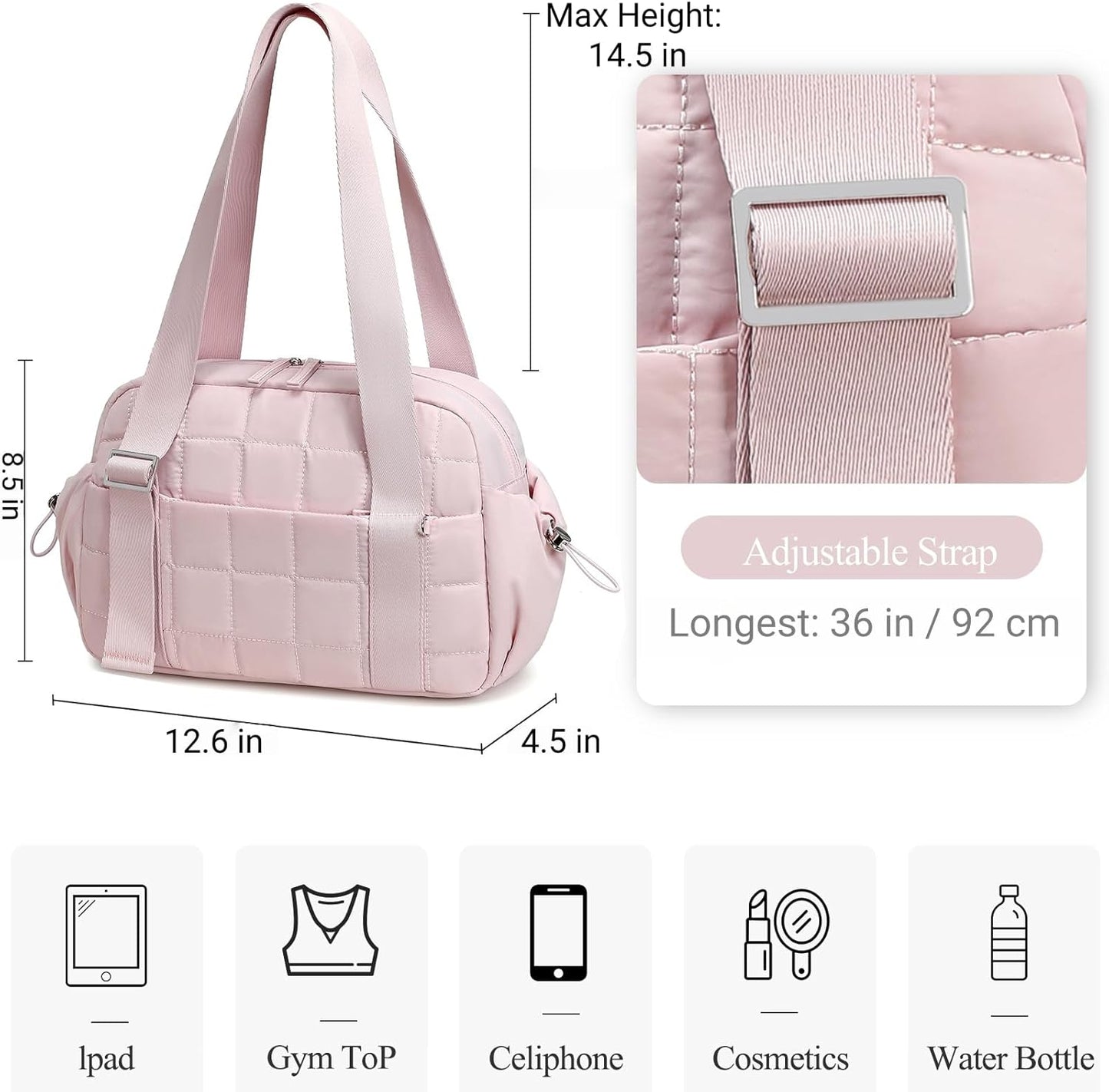 CAMTOP Mini Gym Bag for Women, Small Gym Tote Bag Puffy Quilted Sports Duffel Bag with Wet Compartment and Coin Purse Duffel Bags Dance Yoga Workout Bag for Gifts (All Black, Mini-12.6")