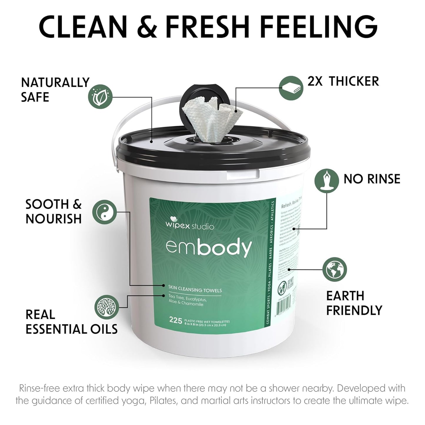 Wipex Embody Body Wipes - Large Plant-Based Cloth with Tea Tree Oil for Quick Clean Up, Ideal for Athletes, Yoga, Gym, Wrestling, Team Sports & Adults, Fitness Equipment Cleaner, 225 Count
