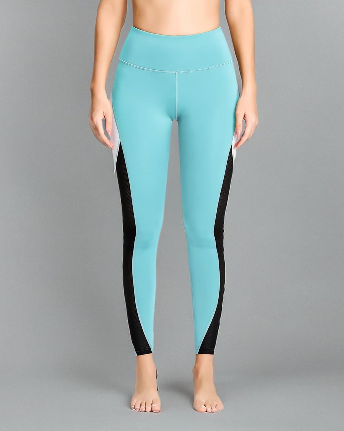 QUEENIEKE Women Yoga Pants Color Blocking Mesh Workout Running Leggings Tights