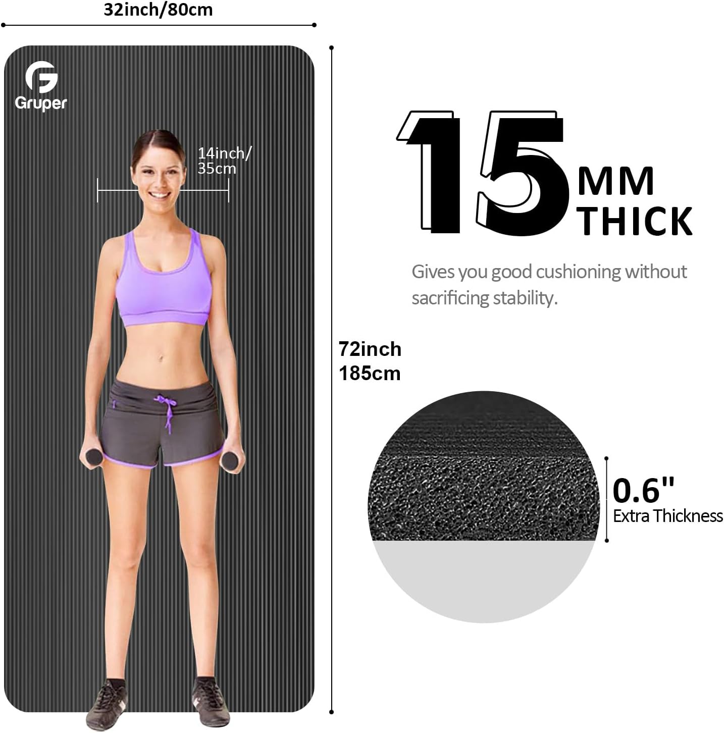 Gruper Yoga Mat Non Slip NBR Extra Thick Yoga Mat, 72"L x 32"/24"W x 0.6"/0.4"TH (185cm x 80cm/61cm x 15mm/10mm), Anti-Tear Exercise Mat with Carrying Strap and Bag, Workout Mats for Yoga, Pilates