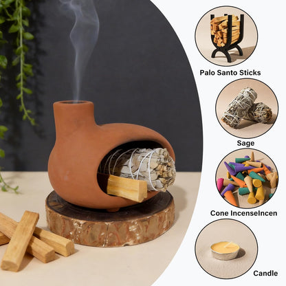 MOUGIGI Terracotta Palo Santo Holder - Modern Chiminea Incense Burner for Yoga, Meditation, and Energy Cleansing - Wood Sticks Dish, Sage Ash Catcher, Smudge Bowl, Cone Burner - Unique Meditation Gift