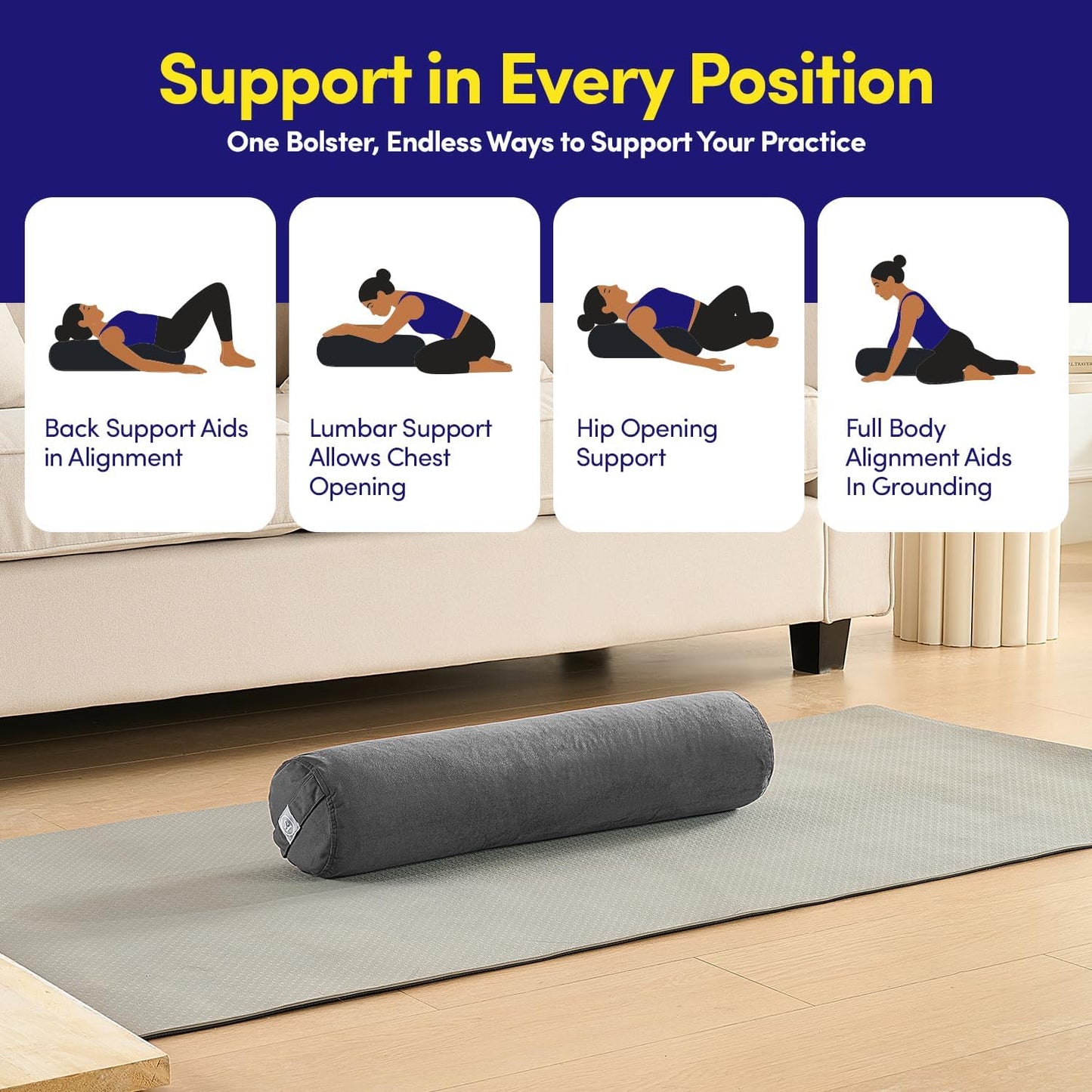 Meditation Cushion Bolster Pillow for Restorative Yoga – Supportive Cushion for Meditation, Pilates, and Relaxation – Filled with Buckwheat Hulls - Removable Cover