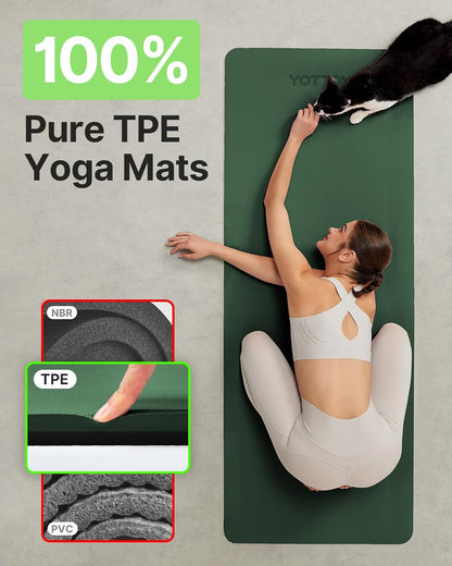 Yoga Mat,Non-Slip TPE Exercise Mat(1/4 Inch) for Pilates, Fitness & Barefoot Workouts, Home Gym Studio with Strap & Bag