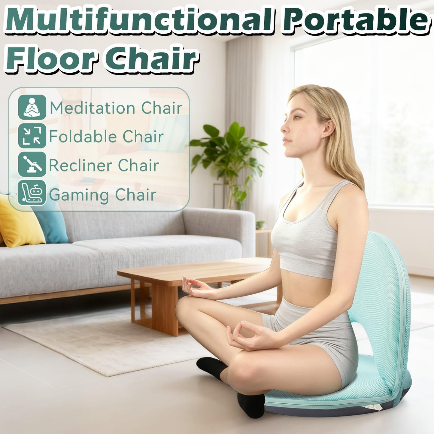 Floor Chair Floor Cushion Folding Padded Gaming Chair Adjustable 5-Position Floor Seat with Back Support for Kids Adult Great for Gaming Reading Meditating