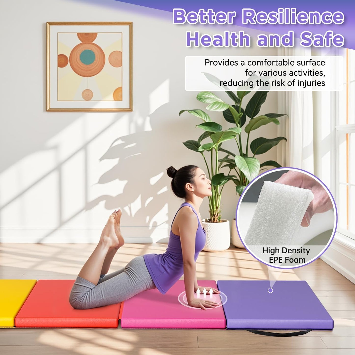 Gymnastics Tumbling Mat Portable Gymnastics Mat Foldable Tumbling Mat 2ft W 6ft L/4ft W 6ft L/4ft W 8ft L/4ft W 10ft Exercise Mat Yoga Mat with Carrying Handles for Yoga Gymnastics