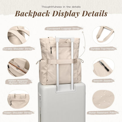 GOLF SUPAGS 3-in-1 Laptop Tote Backpack for Women 15.6" Quilted Work Gym Bag with Hidden Yoga Mat Carrier for Travel Leisure (Gravel Brown & Beige)