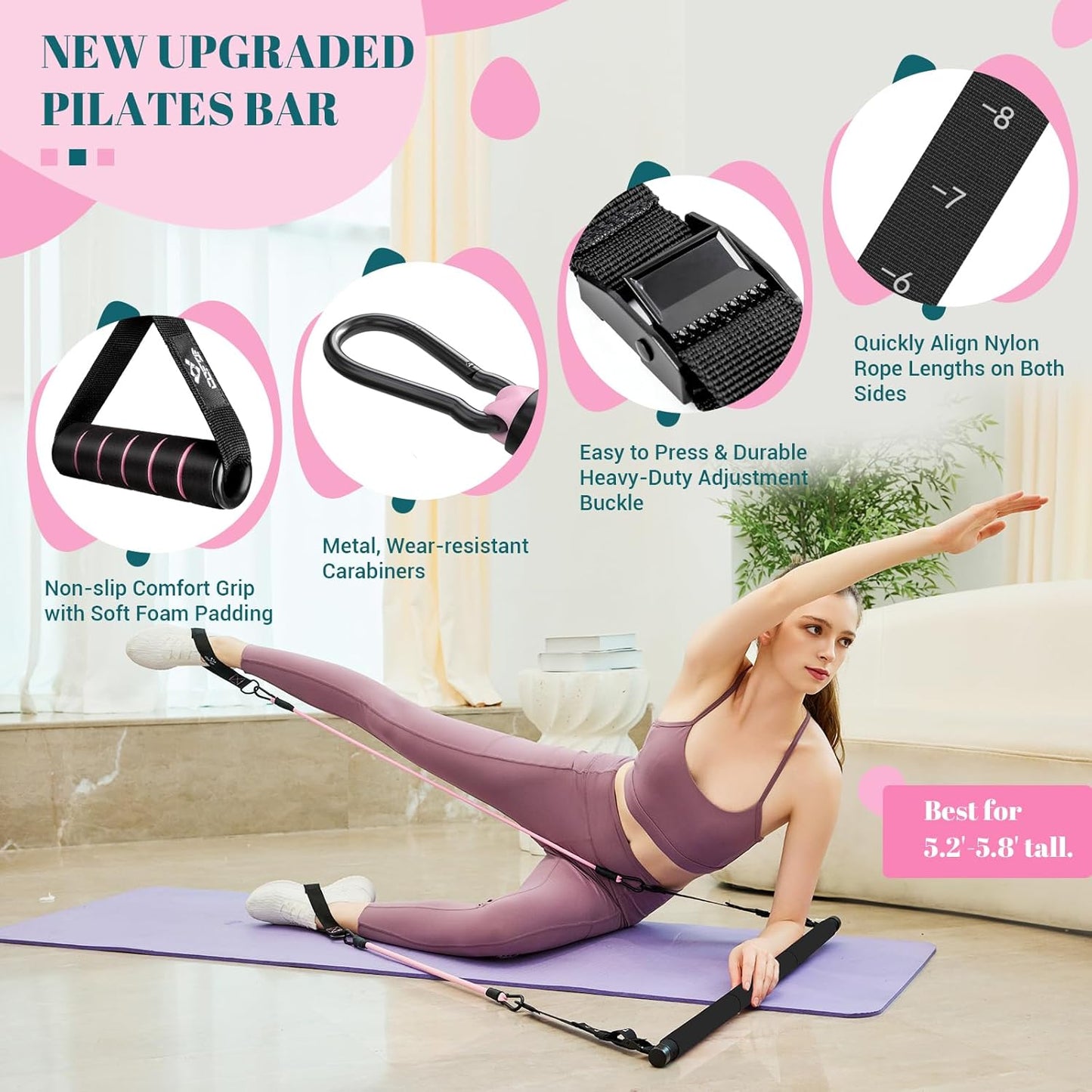 COFOF Pilates Bar Kit with Resistance Bands, Multifunctional Yoga Pilates Bar with Heavy-Duty Metal Adjustment Buckle, Portable Home Gym Pilates Resistance Bar Kit for Women Full Body Workouts