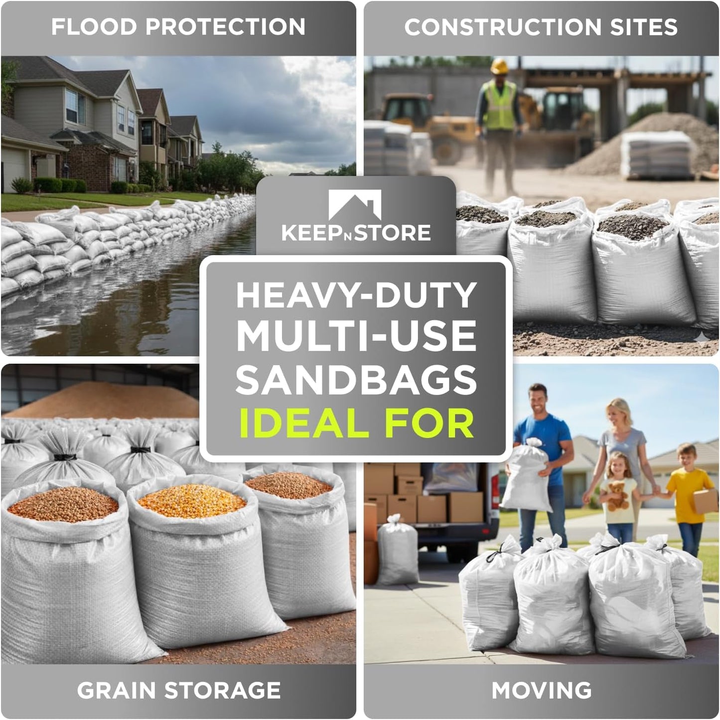 Heavy Duty Sand Bags Pack of 3, White Empty Sandbags with Built-In Ties, Woven Polypropylene UV Protection 1600 Hours, Fillable Sand Bags for Flood Control, Weight, 10x14 inches, 15 Pounds Volume