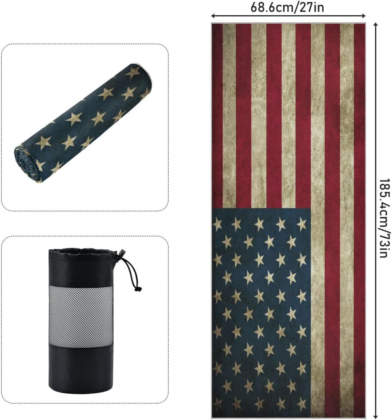 YETTASBIN American Flag Yoga Mat Towel, Non Slip Sweat Absorbent Hot Yoga Towel Portable Lightweight Travel Workout Towel with Storage Bag for Home Yoga, Pilates, Fitness 73x 27 Inch