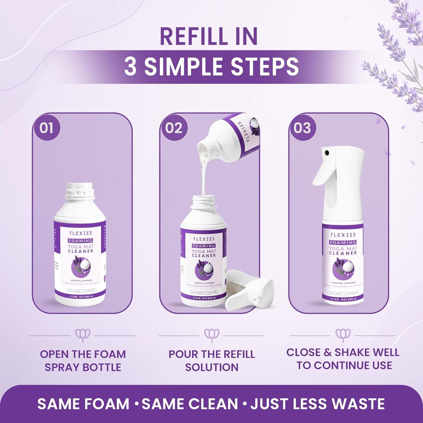 Flexies Foaming Yoga Mat Cleaner Spray Kit, Plant Based Non Toxic Mat Cleaner with Brush and Microfiber Cloth, Yoga Essentials for Women and Men, Pilates Mat Care, Lavender