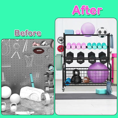 Dumbbell Rack - Weight Rack For Home Gym Storage Yoga Mat Weight Rack With Wheels And Hooks,Workout Equipment Storage Organizer For Yoga Equipments,For Dumbbell,Kettlebell,Yoga Block,Foam Roller