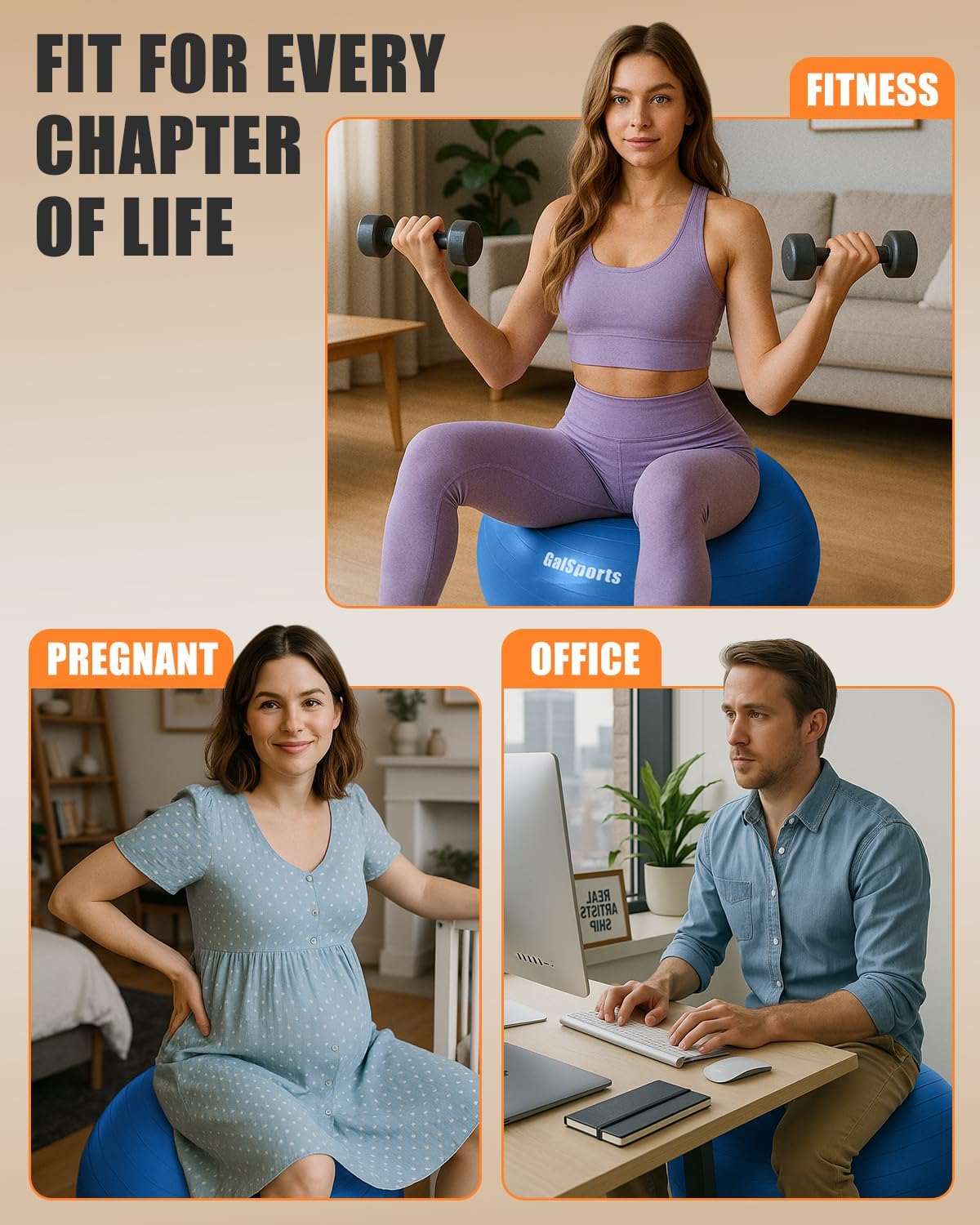 GalSports Stability Ball for Core Training & Physical Therapy – Anti-Burst, Slip-Resistant Yoga Ball for Home Gym, Pilates, Balance & Posture Improvemen