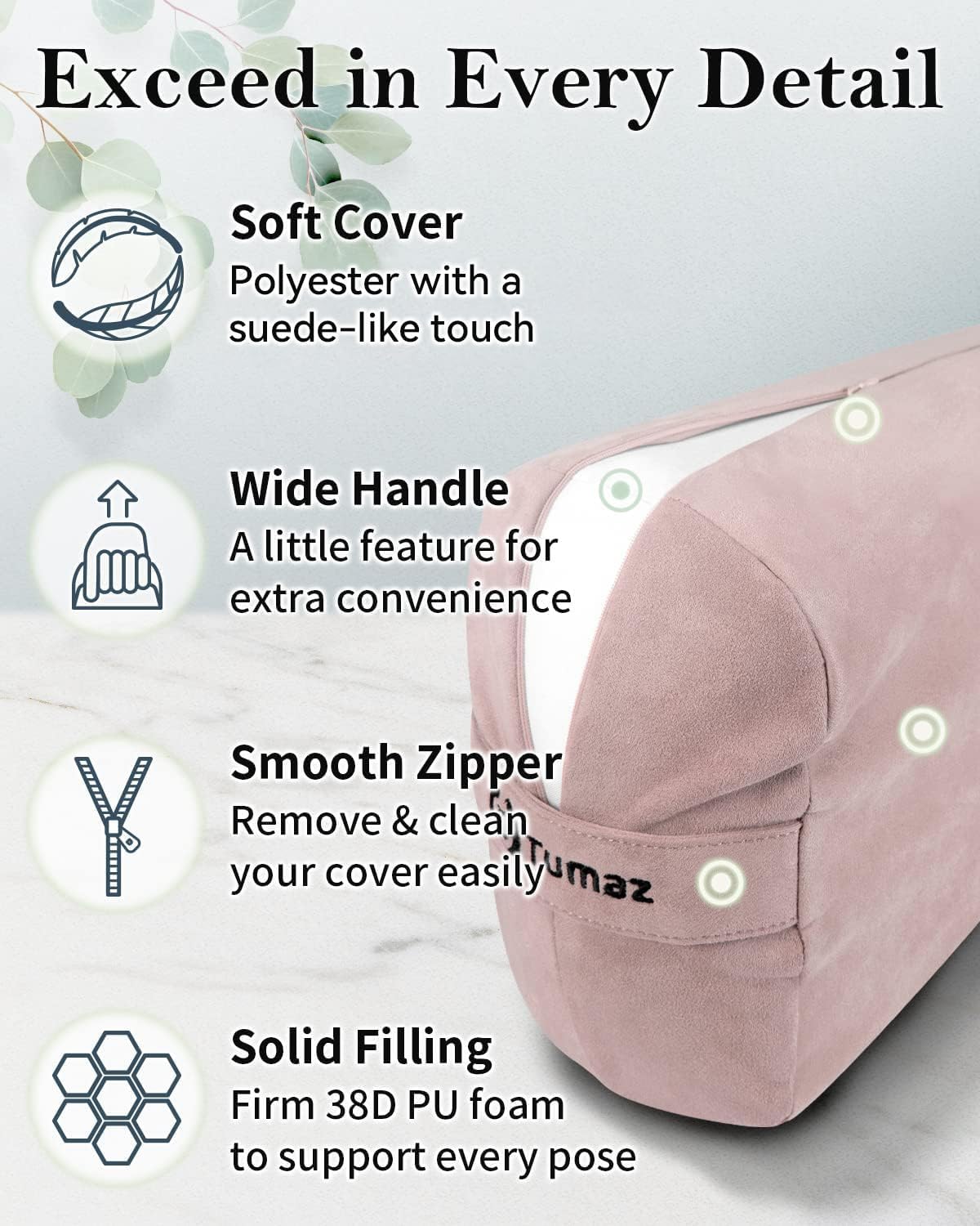 Tumaz Yoga Bolster Set - Rectangular Bolster Pillow for Restorative Yoga, Soft Meditation Pillow with Carry Handle and 8-Feet Strap, Machine Washable Cover