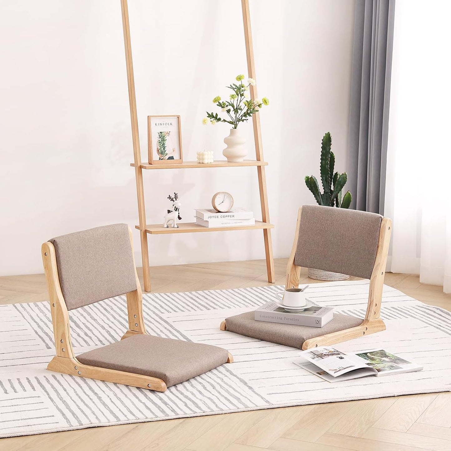 Tiita 2Pcs Floor Games Chair, Foldable Meditation Tatami Chairs, Backrest Chair with Cushion, Living Room Chair Seat, Wood Grey