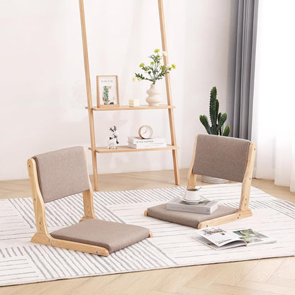 Tiita 2Pcs Floor Games Chair, Foldable Meditation Tatami Chairs, Backrest Chair with Cushion, Living Room Chair Seat, Wood Grey