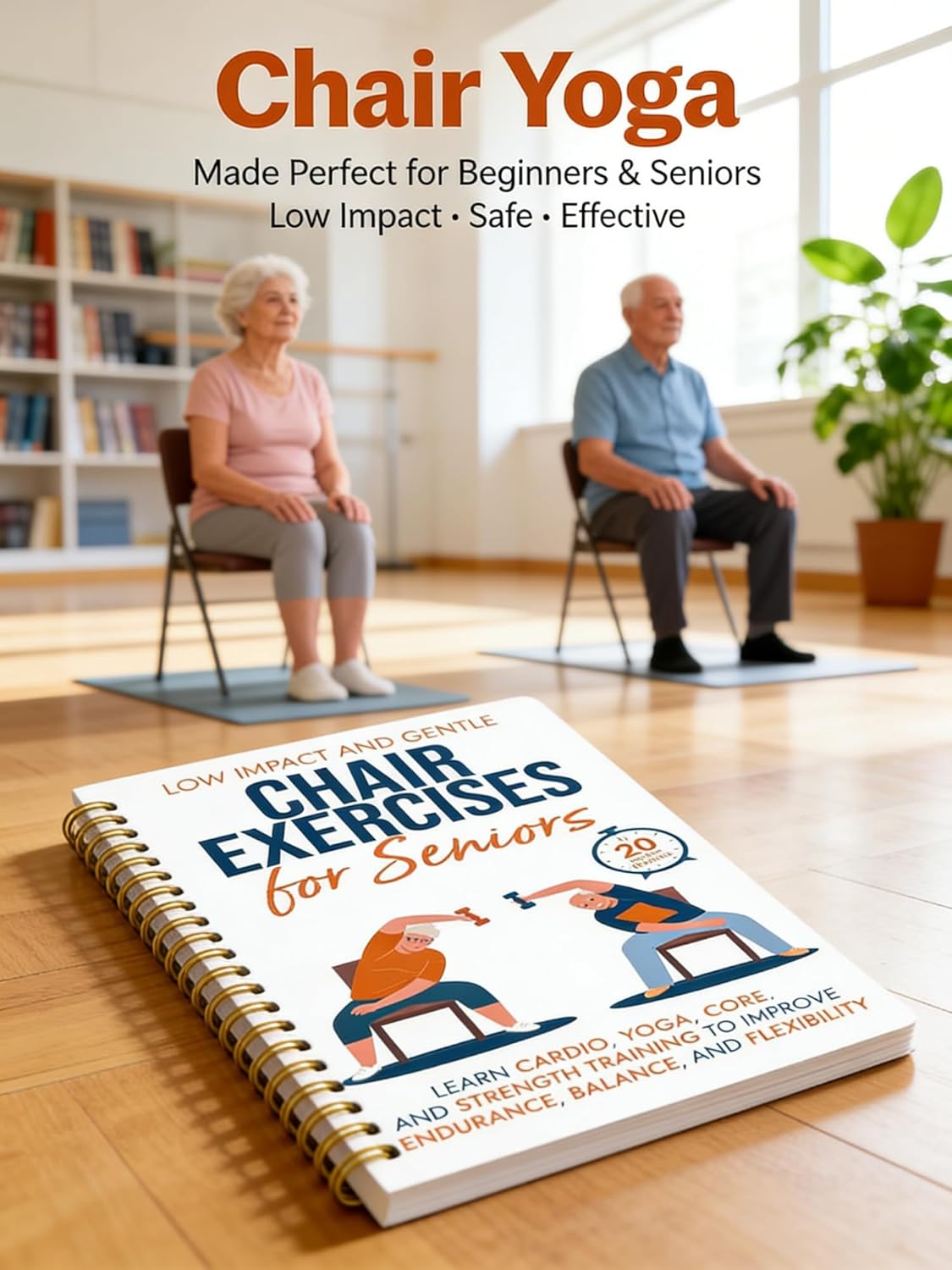 Chair Yoga for Seniors Over 60 Book, 2-Person Cover Design with Exercise Chart, Gentle Poses for Weight Loss and Mobility, Senior Workout Guide for Home