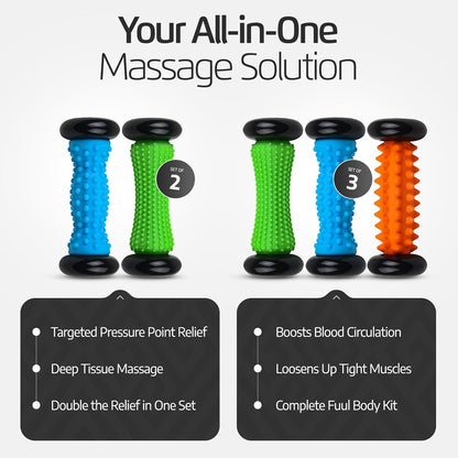 Logest Foot Massage Roller - for Trigger Point Therapy, Injury Rehabilitation & Deep Tissue Massage - Prevent Stiffness & Improve Strength - Silicon with Nodules (Blue - Green 2 Pack)