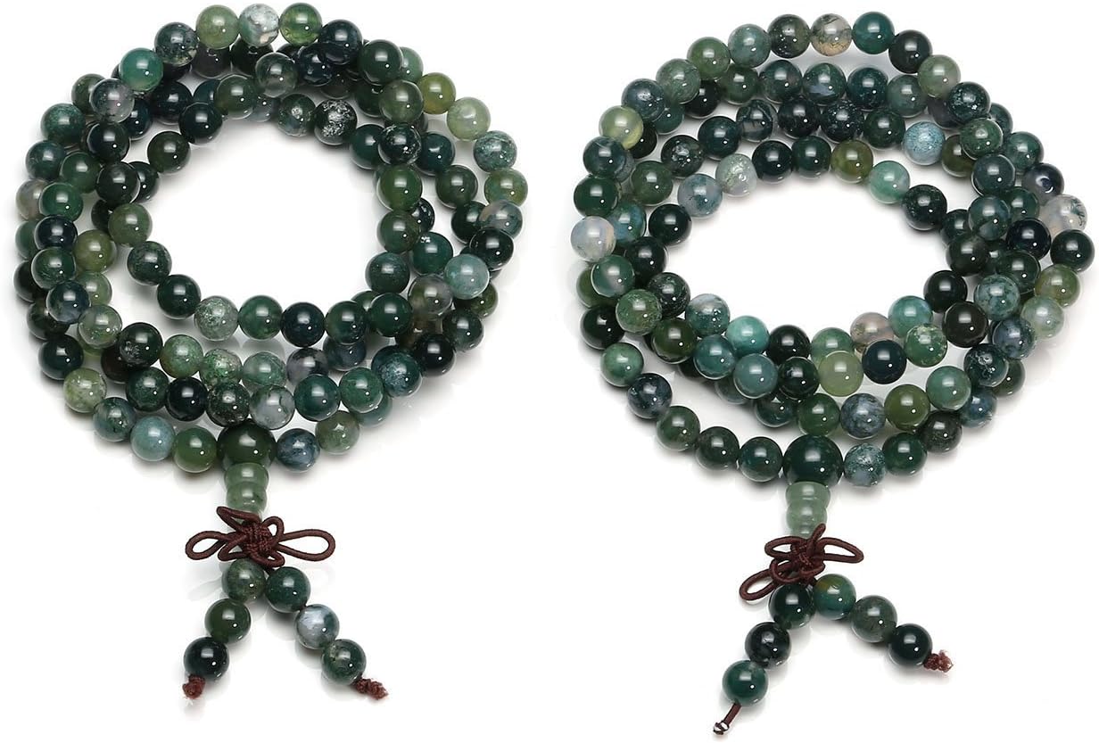 Jovivi 108 Mala Beads Bracelet 6mm 8mm Natural Indian Agate/Green Moss Agate Gemstone Healing Crystal Stone Beaded Bracelet Hand Knotted Prayer Mala Beads Necklace for Yoga Meditation Balance