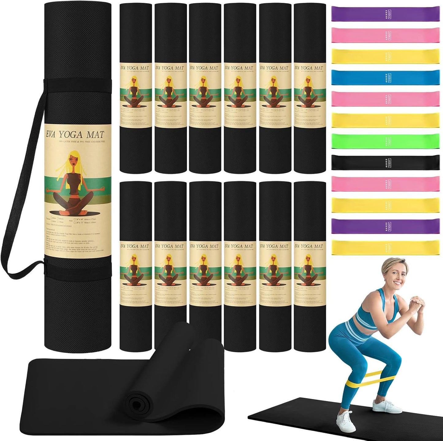 Hoolerry 36 Pieces Yoga Mats Sets Includes 12 Pcs Yoga Mats Bulk 68” x 24” x 6mm Thick Exercise Mat Non Slip 12 Resistance Bands 12 Carrying Straps for Women Girls for Gym Pilates