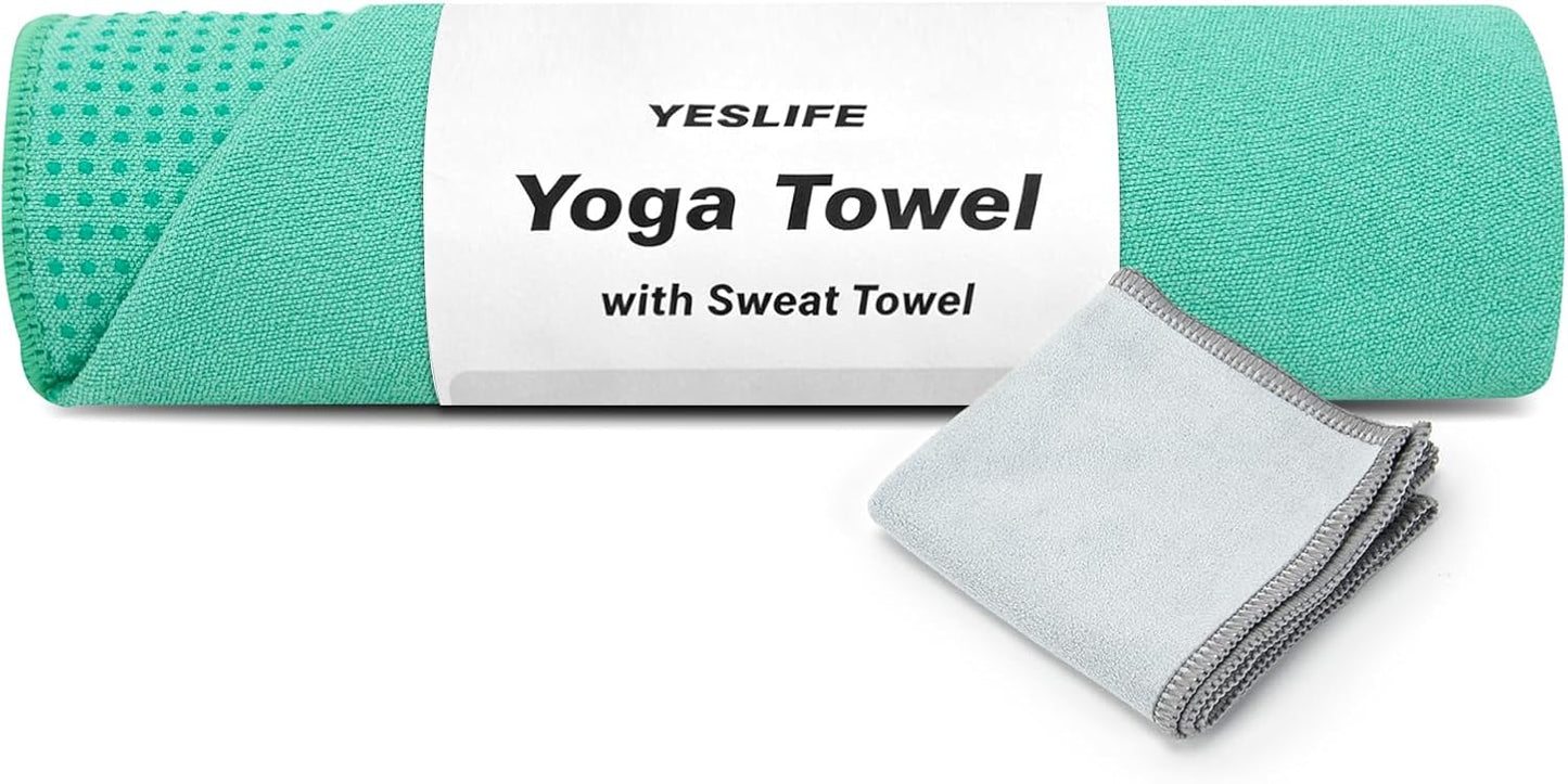 YESLIFE Non-Slip Extra Thick Hot Yoga Towel with One Sweat Towel, Microfiber Sweat Absorbent Yoga Mat Towel with Grip Dot, Pilates Mat, 72" x 24", Light Blue
