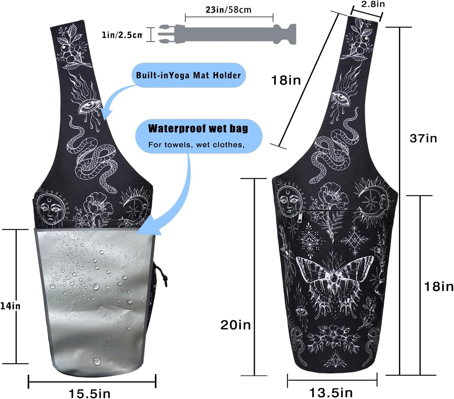 Yoga Mat Bag - Large Opening Long Tote Yoga Mat Carrier Holder Bag with Waterproof Wet Zipper Pocket and Drawstring Water Bottle Pocket - Yoga Bag Fit Most Size Mats