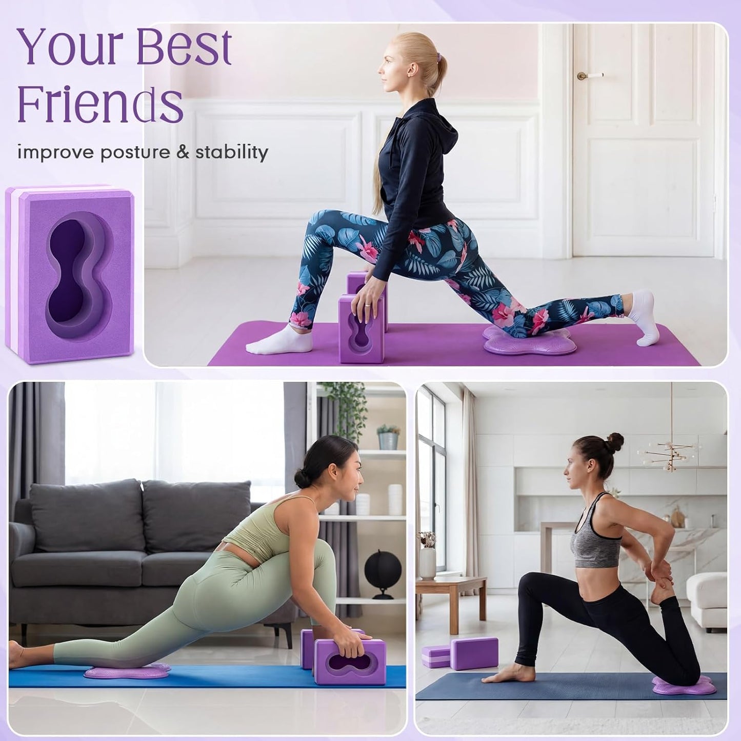 Yoga Blocks 2 Pack for Wrist Relief Yoga Blocks Wrist Support Set with Knee Pads and Strap Improve Comfort and Grip, Nonslip EVA Foam Pilates Exercise Balance Stretching Accessories Meditation