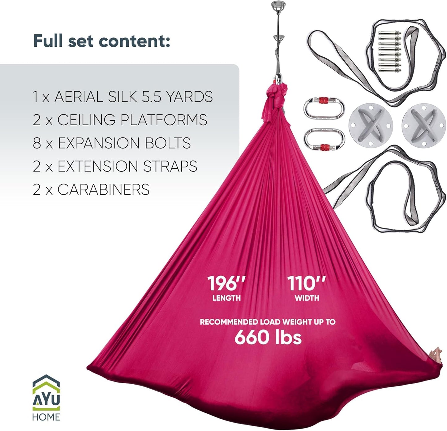 AyuHome Aerial Silks Kit for Home - Premium Yoga Swing for Kids and Adults with 660 lbs Capacity - Versatile Aerial Yoga Hammock for Gymnastics Training