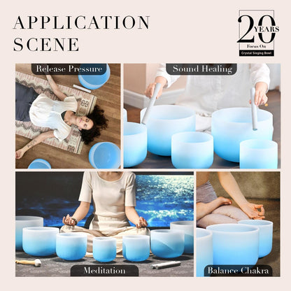 CVNC 432HZ 6-12 Inch Set Of 7 PCS Frosted Chakra Quartz Crystal Singing Bowls for Sound Healing with 2 PCS Travel Carry Case Bag
