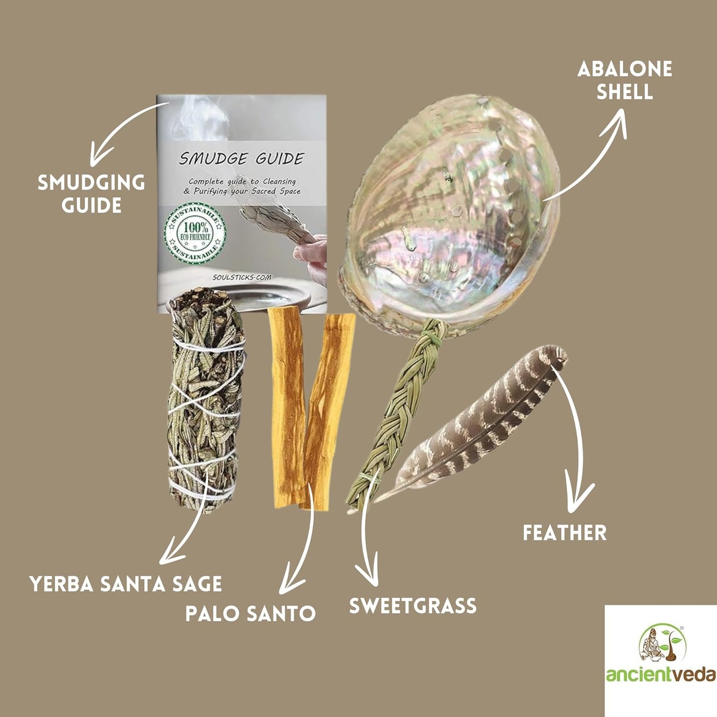 Ancient VEDA Organic Smudge Kit – Yerba Santa, Palo Santo, Sweetgrass Braid, Feather & Smudge Guide | Home Cleansing Kit for Meditation, Yoga, Energy Healing & Gift (Starter Kit, Yerba Santa Sage)
