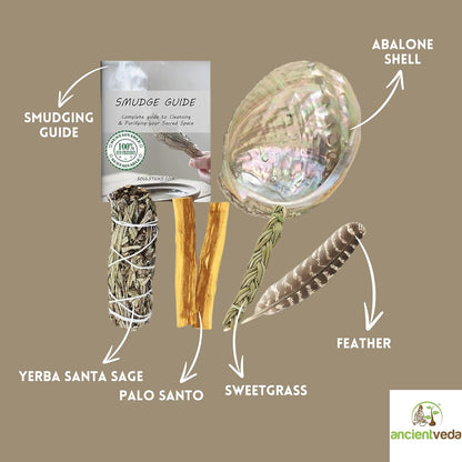 Ancient VEDA Organic Smudge Kit – Yerba Santa, Palo Santo, Sweetgrass Braid, Feather & Smudge Guide | Home Cleansing Kit for Meditation, Yoga, Energy Healing & Gift (Starter Kit, Yerba Santa Sage)