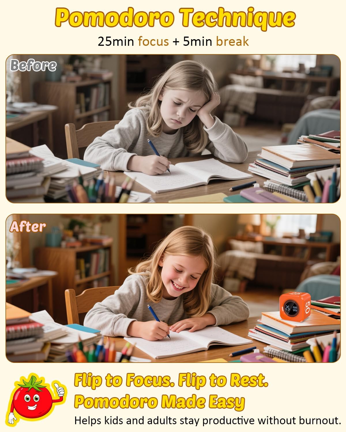 Digital Pomodoro Timer Cube 5/10/25/50min, Visual Productivity Flip Timer for Kids Classroom Desk, Custom Countdown, Silent and Sound Mode for ADHD Study Work Game Kitchen (Black)